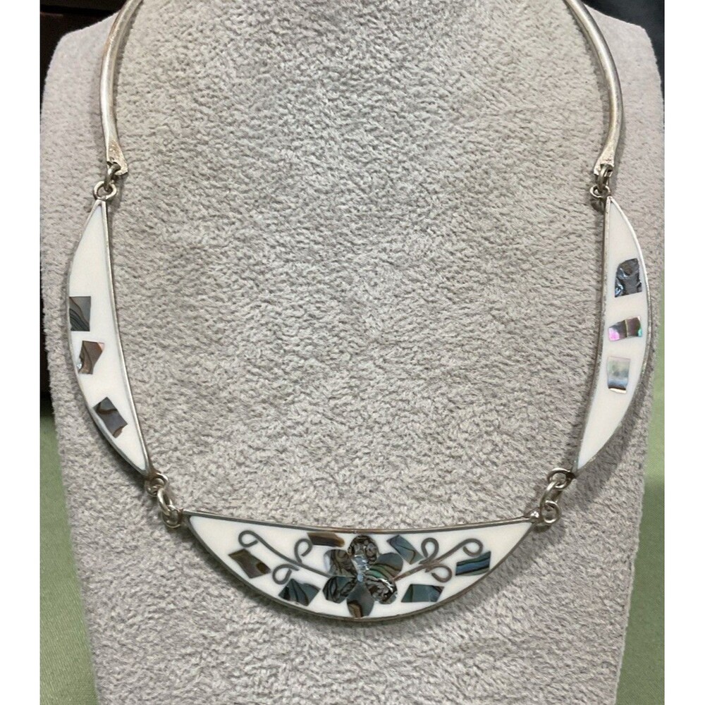 Vintage Alpaca Mexico Abalone Mother Of Pearl Floral Inlay Choker Necklace